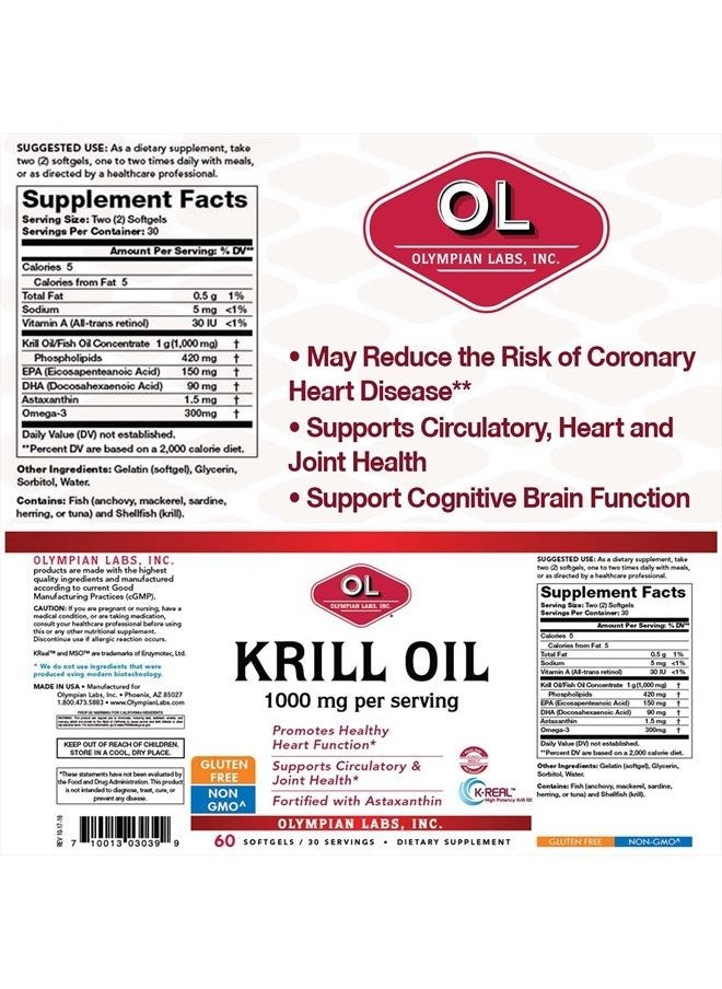 Olympian Labs Antarctic Krill Oil, 1000mg Caps with Astaxanthin, Omega-3, EPA, DHA, Immune, Joint & Brain Support, 60 Softgels  - Image 2