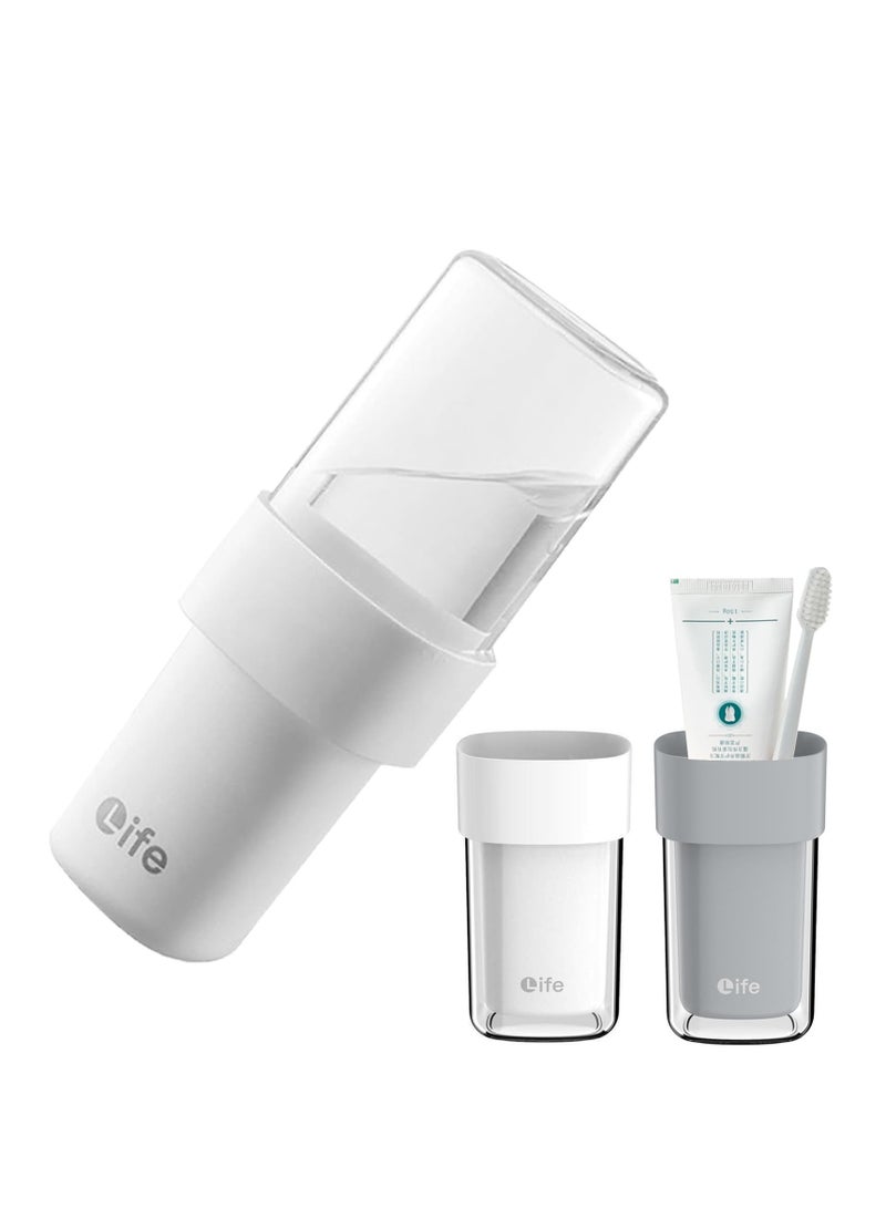 SOLARAE Travel Toothbrush Holder,2 Pcs Translucent Multifunctional Toothbrush Cup,Large Capacit Travel Toothbrush Holder with Mouthwash Cup, for Camping School Business Trip Shower Apartment (White&Grey) - Image 1
