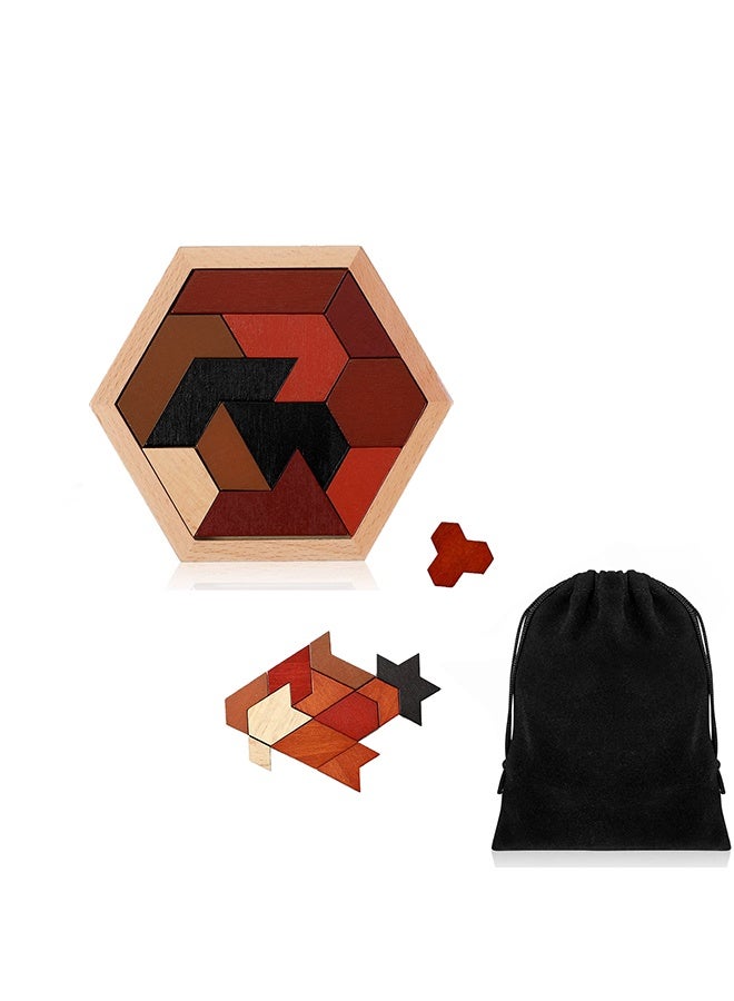 Arabest Large Hexagon Tangram Puzzle Wooden Brain Puzzles for Adult Challenge Wood Russian Blocks Brain Teasers Geometric Jigsaw Block Logic IQ Stem Family Gifts(Vintage) - Image 1