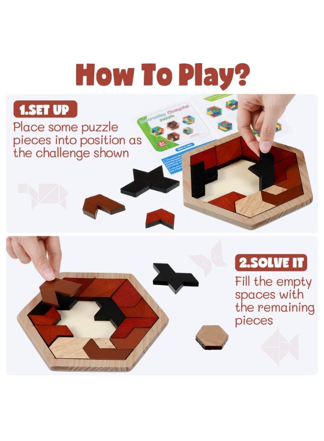 Arabest Large Hexagon Tangram Puzzle Wooden Brain Puzzles for Adult Challenge Wood Russian Blocks Brain Teasers Geometric Jigsaw Block Logic IQ Stem Family Gifts(Vintage) - Image 5