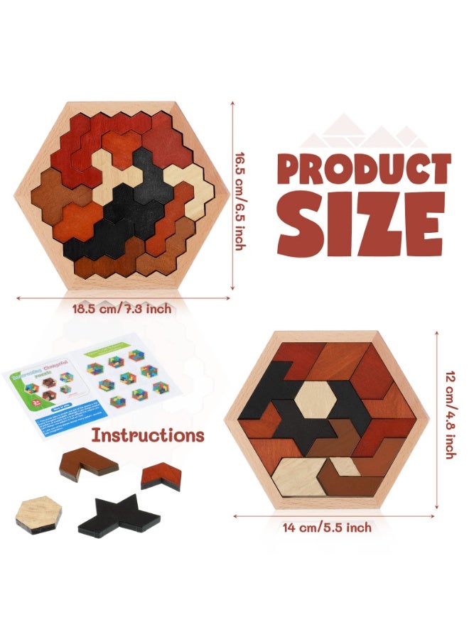 Arabest Large Hexagon Tangram Puzzle Wooden Brain Puzzles for Adult Challenge Wood Russian Blocks Brain Teasers Geometric Jigsaw Block Logic IQ Stem Family Gifts(Vintage) - Image 2