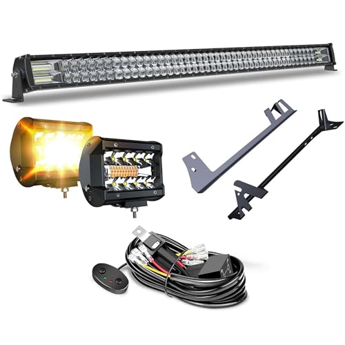FEELON 5D 52'' inch LED Light Bar + 4 inch White/Amber Yellow LED Pods Strobe Fog Light Spot Flood Offroad with Upper Windshield Mounting Brackets Switch Wiring Harness Fit Wrangler JK 2007-2018 - Image 1