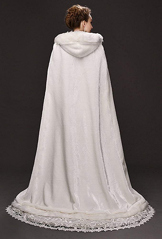 homebed White Women's Wedding Cloak Coat with Hoods Winter Long Jacket Bridal Wraps Warm Faux Fur Cape, Small - Image 1