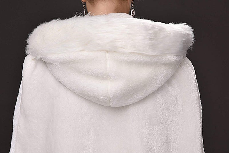 homebed White Women's Wedding Cloak Coat with Hoods Winter Long Jacket Bridal Wraps Warm Faux Fur Cape, Small - Image 3