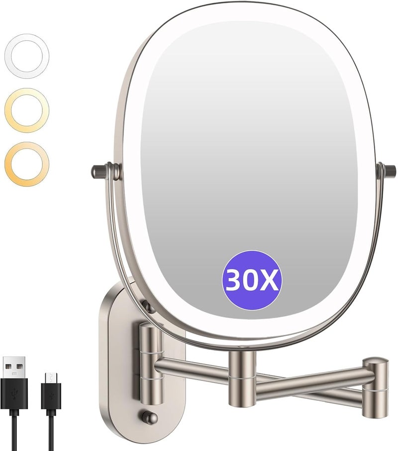 FUNTOUCH 30X/1X Wall Mounted Lighted Makeup Mirror,5000mAh Rechargeable Double Sided Magnifying Bathroom Lighted Mirror, 3 Color Modes Touch Dimmable Extended Arm 360 Rotation, Brush Nickel - Image 1