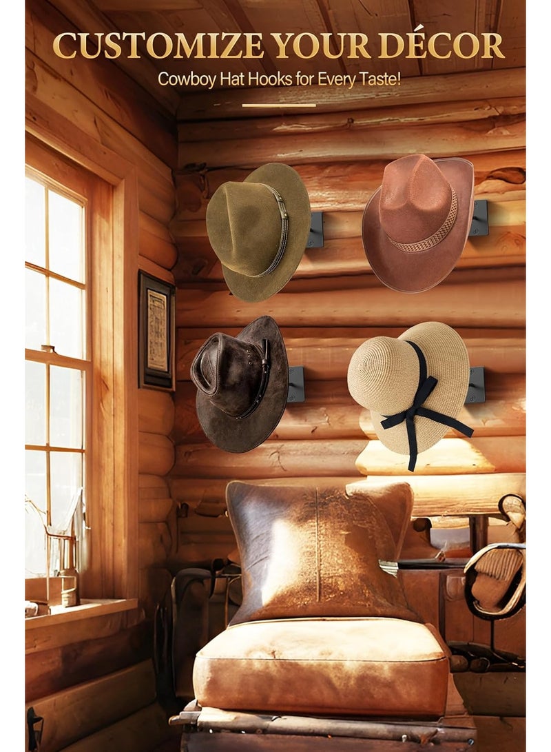 كيلا حامل قبعات رعاة البقر على الحائط، عبوة من 4 حاملات قبعات رعاة البقر مثبتة على الحائط، حامل قبعات رعاة البقر الغربي الريفي المعدني، خطافات قبعات رعاة البقر، قبعة فيدورا، قبعات الشمس، منظم قبعات ذات حافة عريضة - Image 5