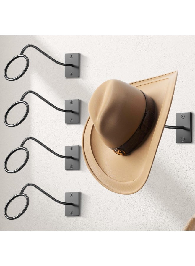 كيلا حامل قبعات رعاة البقر على الحائط، عبوة من 4 حاملات قبعات رعاة البقر مثبتة على الحائط، حامل قبعات رعاة البقر الغربي الريفي المعدني، خطافات قبعات رعاة البقر، قبعة فيدورا، قبعات الشمس، منظم قبعات ذات حافة عريضة - Image 1