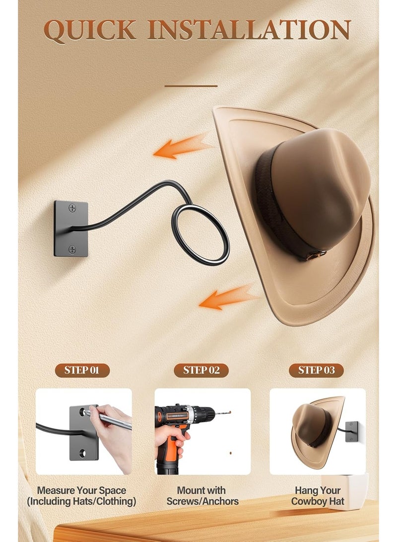 كيلا حامل قبعات رعاة البقر على الحائط، عبوة من 4 حاملات قبعات رعاة البقر مثبتة على الحائط، حامل قبعات رعاة البقر الغربي الريفي المعدني، خطافات قبعات رعاة البقر، قبعة فيدورا، قبعات الشمس، منظم قبعات ذات حافة عريضة - Image 3