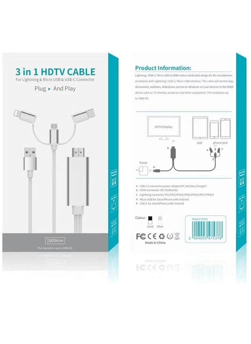 Ntech Ntech 3 in 1 2M HDMI Cable HDTV Adapter AV Cable for Lightning/Micro USB/Type C to HDMI 1080P For iPhone Android Phones  - Image 5