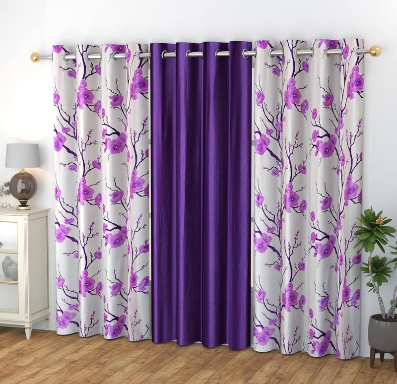Yarnis Yarnis 5 Feet Polyester LightFiltering 2 Floral Printed 1 Plain Grommet Curtains Window Curtain Purple Combo Pack Of 3 - Image 1