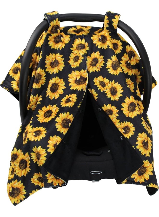Dear Baby Gear Deluxe Car Seat Canopy, Double Layer Minky, Yellow Sunflowers on Black, Black Minky Smooth, 40 x 30 Inches - Image 1