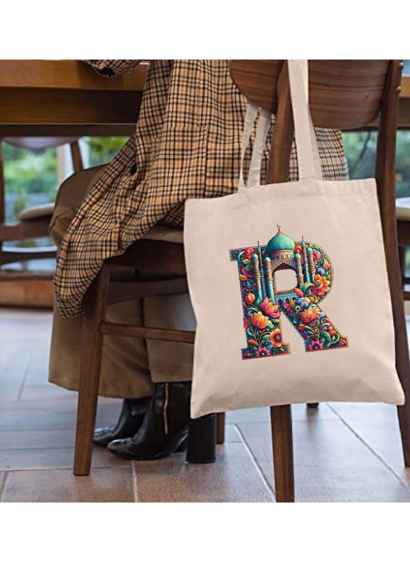 PRINTSHOP4ME Initial Monogram Tote Bag - Cotton Tote with Initial Design Printed - Perfect for School, Travel and Birthday Gift - Eco-Friendly Canvas Cotton Tote Bag for Women - Gift for Ramadan  - Image 3