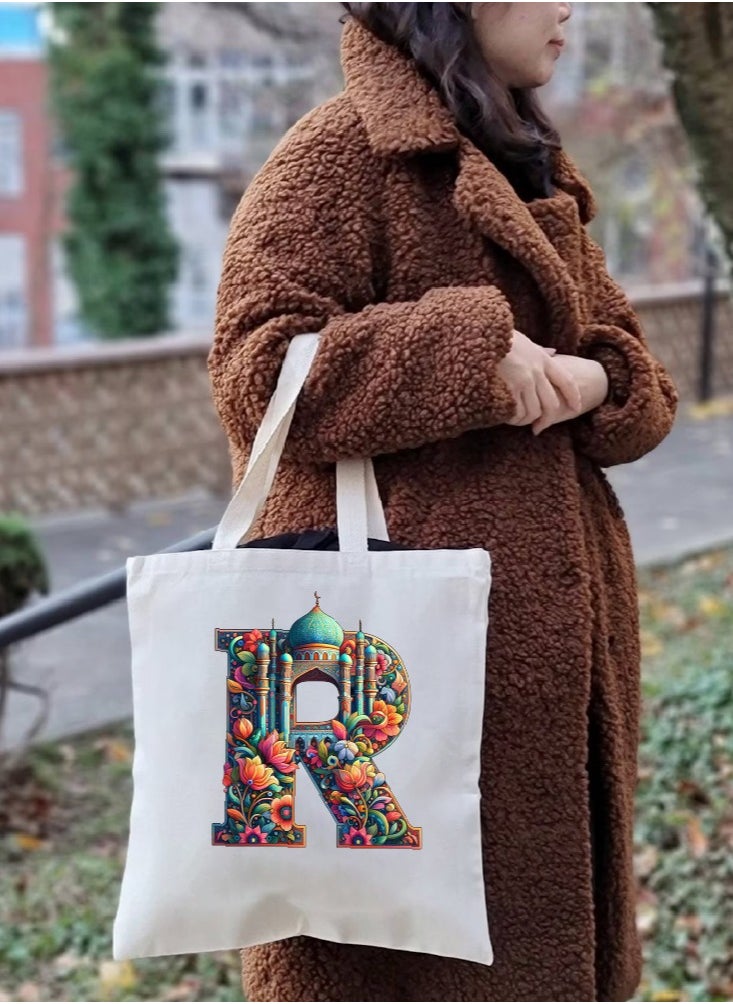 PRINTSHOP4ME Initial Monogram Tote Bag - Cotton Tote with Initial Design Printed - Perfect for School, Travel and Birthday Gift - Eco-Friendly Canvas Cotton Tote Bag for Women - Gift for Ramadan  - Image 5