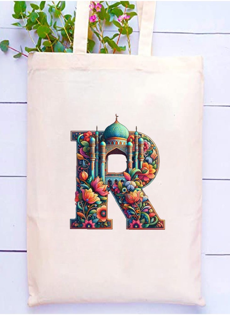PRINTSHOP4ME Initial Monogram Tote Bag - Cotton Tote with Initial Design Printed - Perfect for School, Travel and Birthday Gift - Eco-Friendly Canvas Cotton Tote Bag for Women - Gift for Ramadan  - Image 2