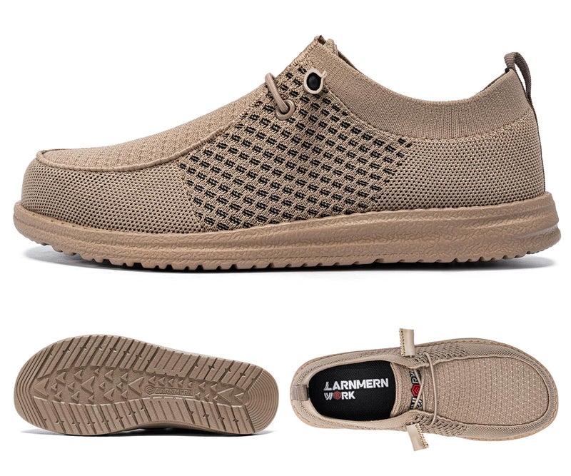 LARNMERN Slip On Steel Toe Shoes Men Lightweight Comfortable Lounging Walking Sneakers Safety Work Steel Toe Loafers (10 Men, Khaki) - Image 2