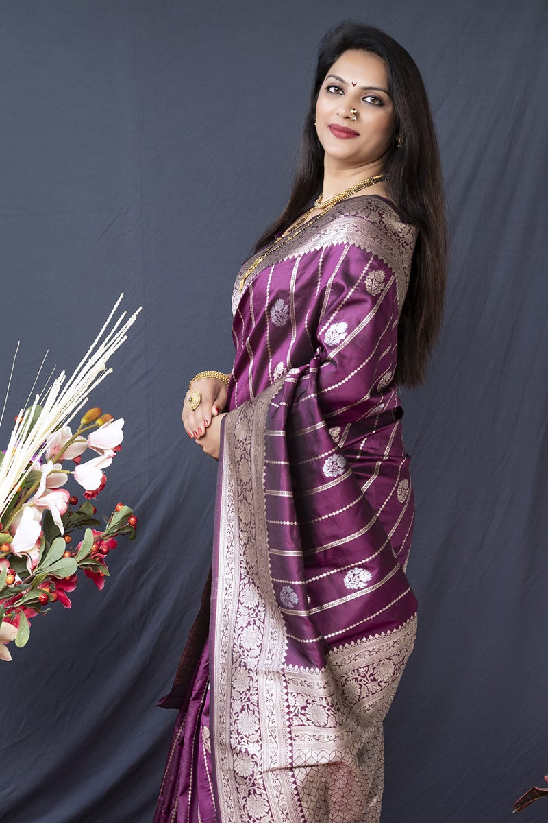 AMIRAT Women's Banarasi Silk Saree With Woven Zari Design With Blouse (Wine) - Image 4