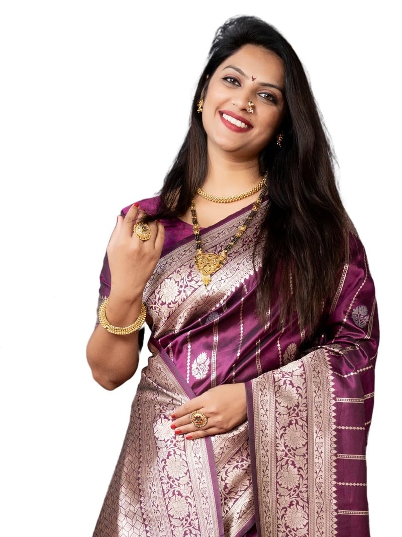 AMIRAT Women's Banarasi Silk Saree With Woven Zari Design With Blouse (Wine) - Image 1