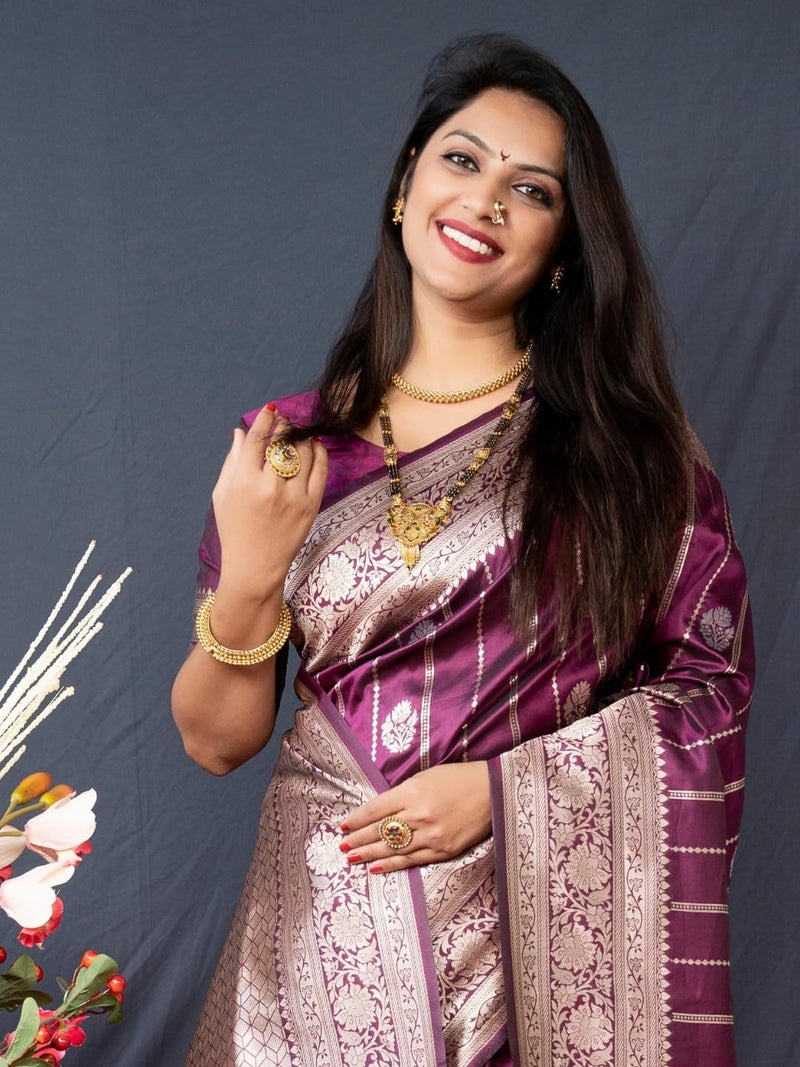 AMIRAT Women's Banarasi Silk Saree With Woven Zari Design With Blouse (Wine) - Image 3