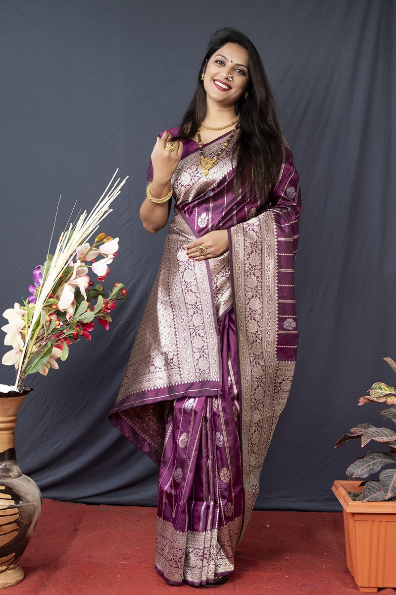AMIRAT Women's Banarasi Silk Saree With Woven Zari Design With Blouse (Wine) - Image 5