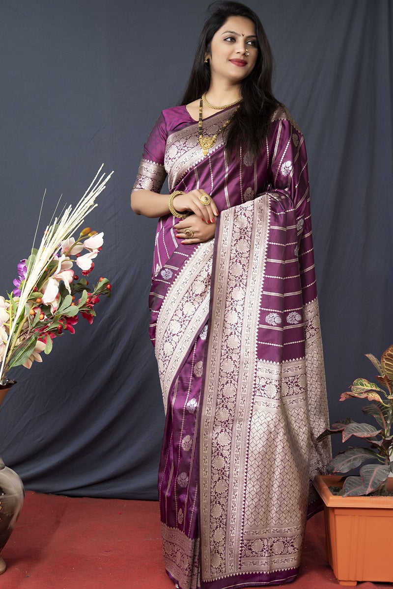 AMIRAT Women's Banarasi Silk Saree With Woven Zari Design With Blouse (Wine) - Image 2