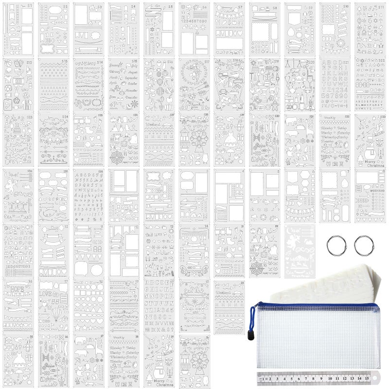 Teling 66 Pieces Bullet Stencils Journal Planner Templates Set DIY Drawing Templates Kit Plastic Journaling Productivity Accessories for Notebook Diary Scrapbook Graffiti Painting Projects Supply, 4 x 7 Inch - Image 1
