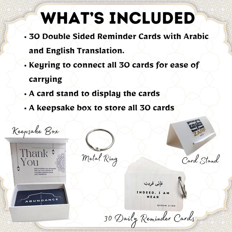 Zarf Limited بطاقات التأكيدات الإسلامية (30 تذكير يومي من زارف)، روحي، قرآن إنجليزي، ديكور، زينة رمضان، هدايا إسلامية، هدية عيد، تعلم العربية، بطاقات فلاش عربية للتأكيد اليومي - Image 3