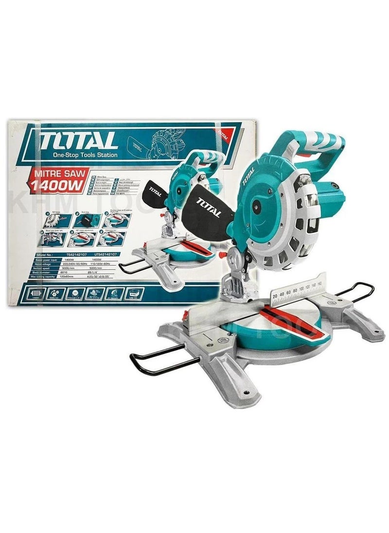 TOTAL Total Mitre Saw 1400W with 210mm Blade, 5000rpm, 0-45° Mitre and Bevel Cuts, Includes TCT Blade, Extra Carbon Brushes, Dust Bag & Extension Bars – TS42142107  - Image 2