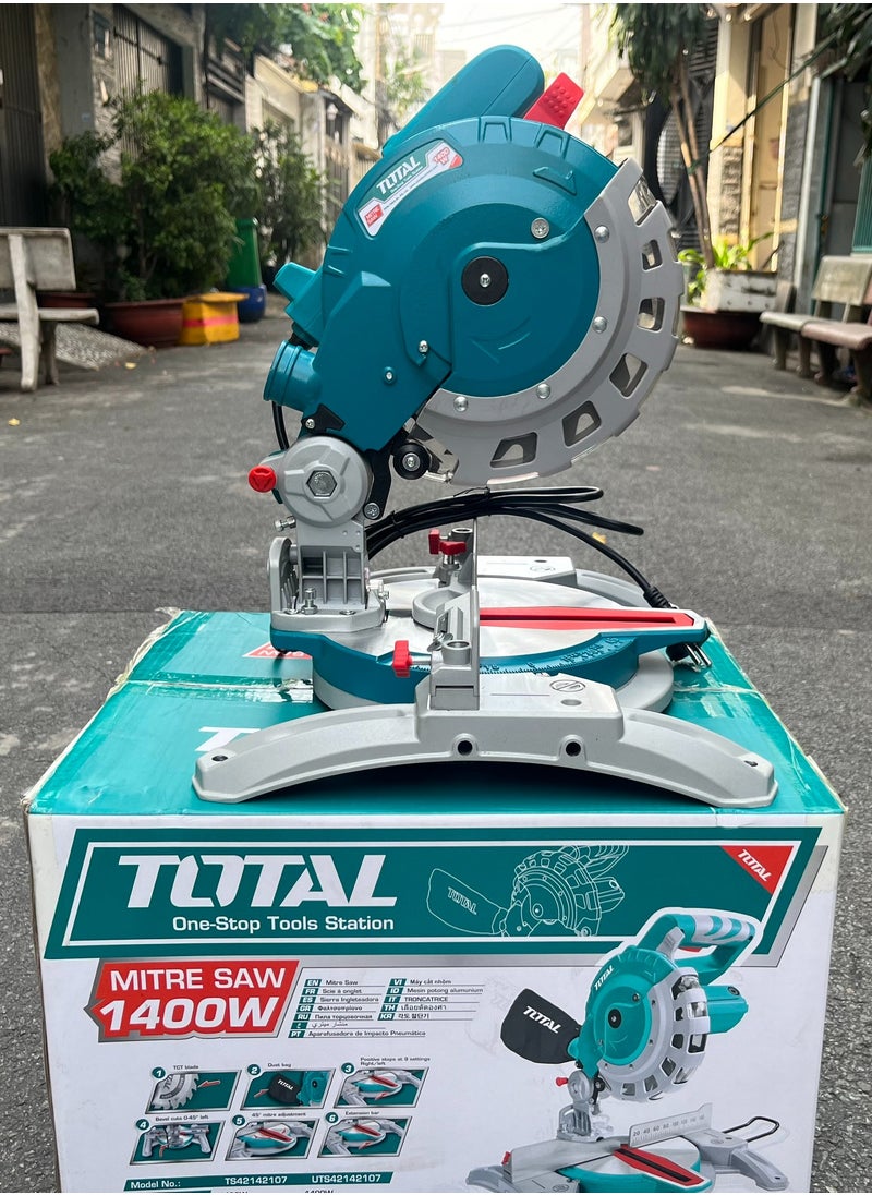 TOTAL Total Mitre Saw 1400W with 210mm Blade, 5000rpm, 0-45° Mitre and Bevel Cuts, Includes TCT Blade, Extra Carbon Brushes, Dust Bag & Extension Bars – TS42142107  - Image 4