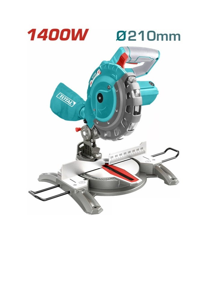 TOTAL Total Mitre Saw 1400W with 210mm Blade, 5000rpm, 0-45° Mitre and Bevel Cuts, Includes TCT Blade, Extra Carbon Brushes, Dust Bag & Extension Bars – TS42142107  - Image 1