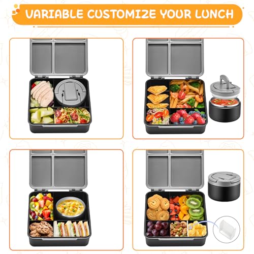MAXSO Bento Lunch Box Set for Kids with 8 oz Soup Thermo, Leakproof Hot Food Container with 4 Compartments, Insulated Food Jar for Toddler Daycare Boys Girls School - Black - Image 5