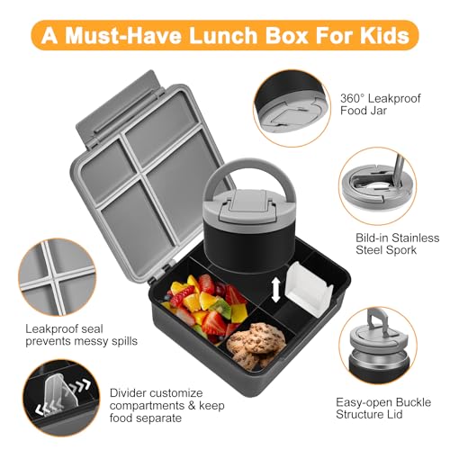 MAXSO Bento Lunch Box Set for Kids with 8 oz Soup Thermo, Leakproof Hot Food Container with 4 Compartments, Insulated Food Jar for Toddler Daycare Boys Girls School - Black - Image 2