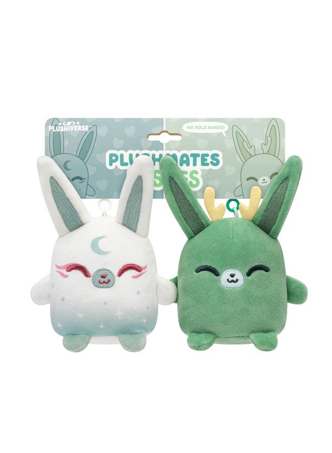 TeeTurtle Plushmates Besties Keychain Set - Myths and Cryptids - Cute Kawaii Green Jackalope and White Moon Rabbit - Plush Keychains That Hold Hands - Image 1