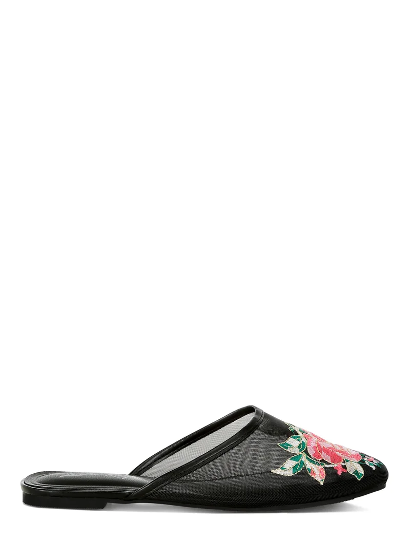 London Rag Floral Embroidered Mesh Mules in Black