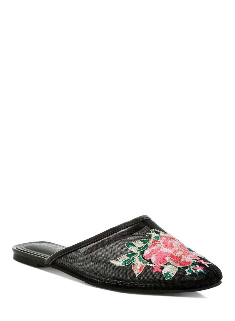 London Rag Floral Embroidered Mesh Mules in Black