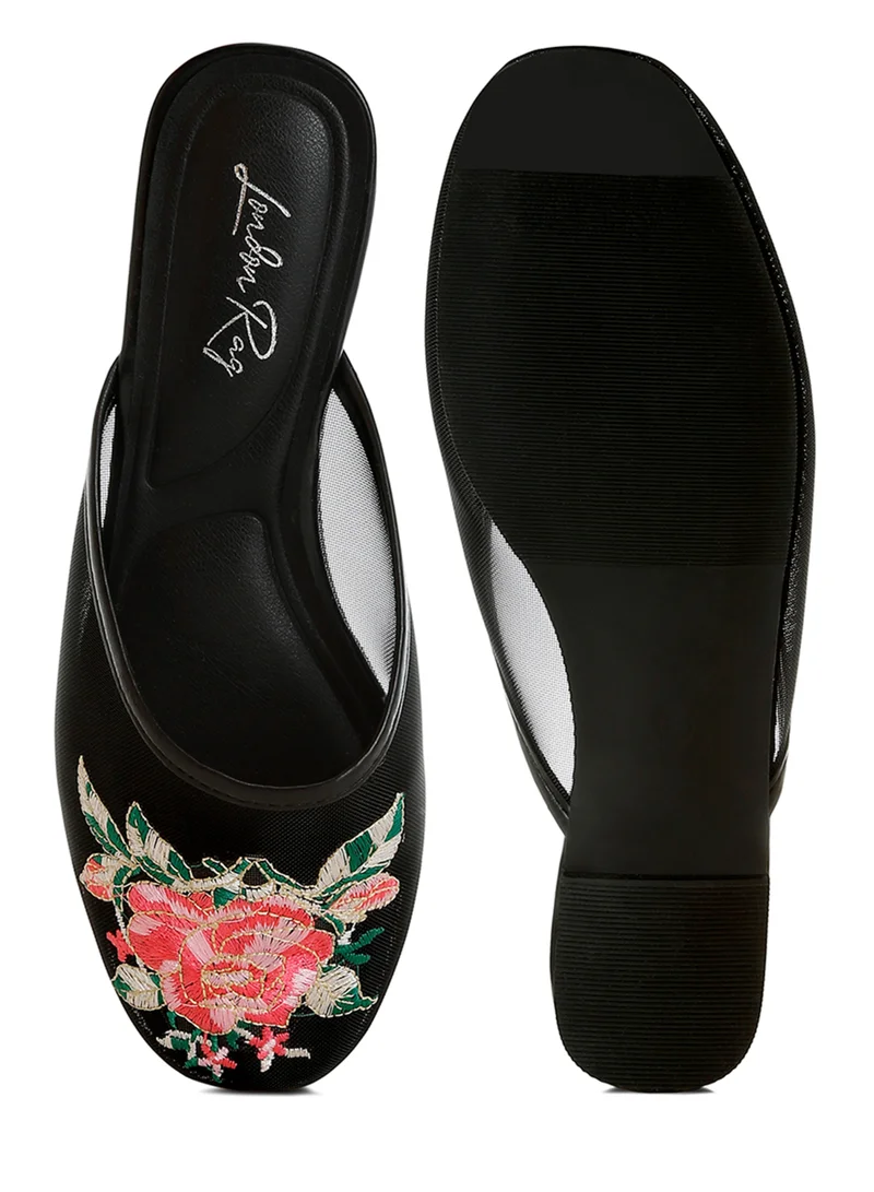 London Rag Floral Embroidered Mesh Mules in Black