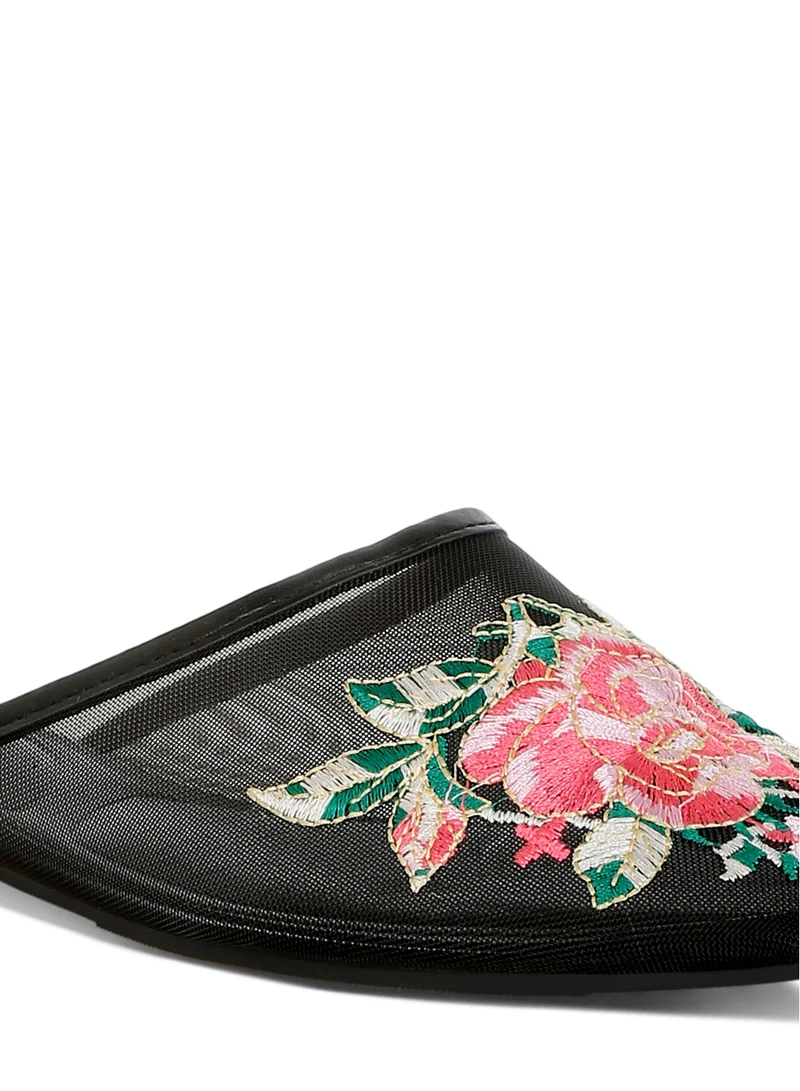 London Rag Floral Embroidered Mesh Mules in Black