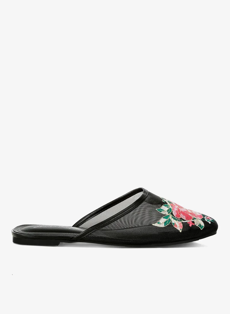 Floral Embroidered Mesh Mules in Black