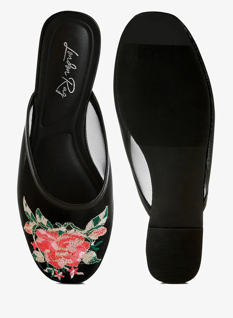 London Rag black Floral Embroidered Mesh Mules in Black for Women | Best Price UAE