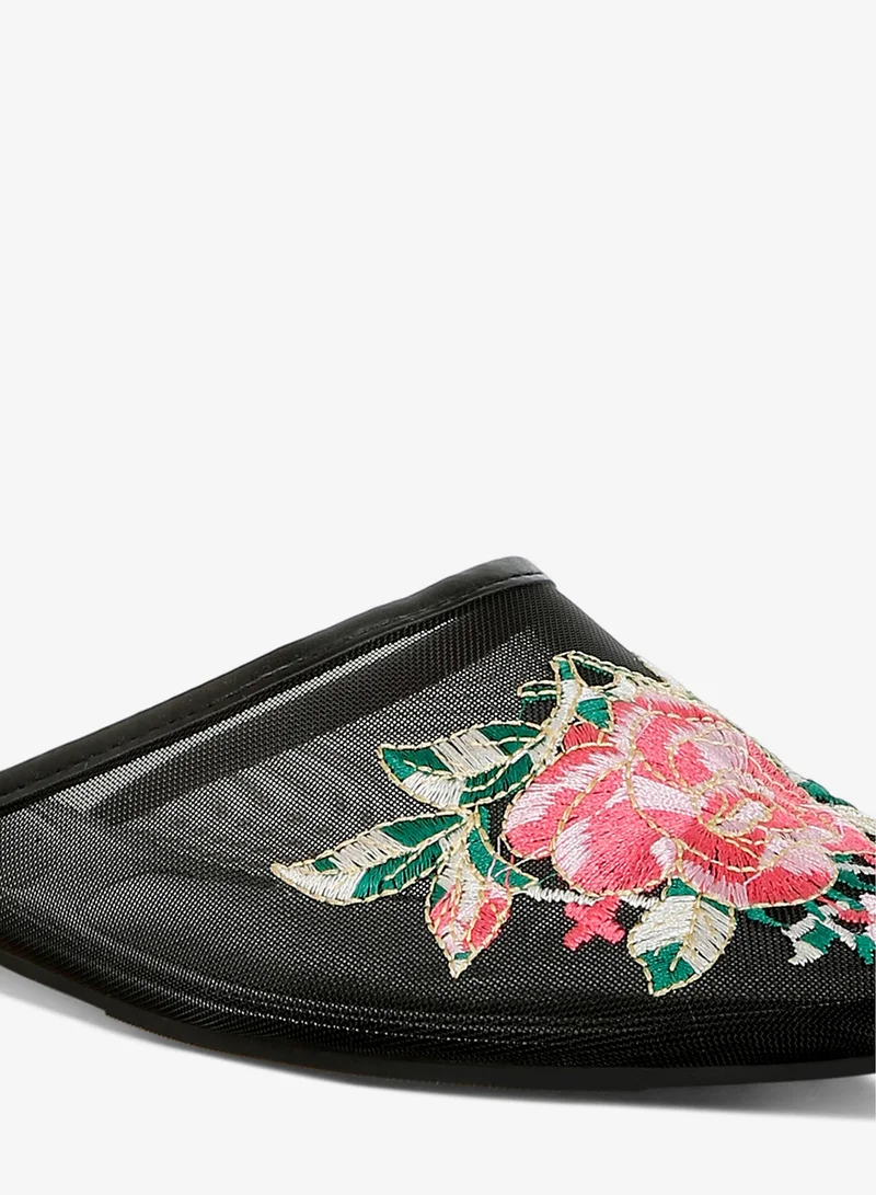 London Rag black Floral Embroidered Mesh Mules in Black for Women | Best Price UAE