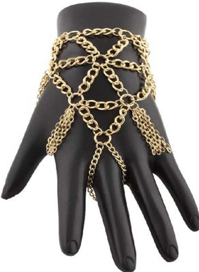 Asphire Gothic Metal Bracelet with Finger Ring Chain Tassel Braided Mesh Punk Slave Bracelet Cosplay Party Harness for Festival Costume Hand Jewelry Accessories (Gold) - Image 5