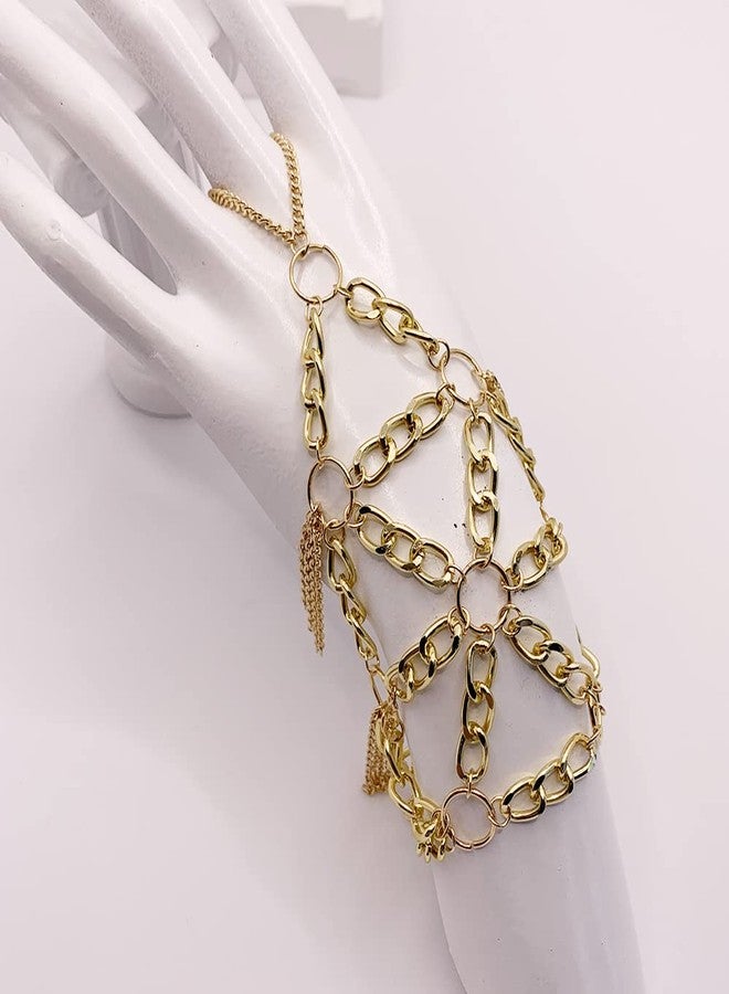 Asphire Gothic Metal Bracelet with Finger Ring Chain Tassel Braided Mesh Punk Slave Bracelet Cosplay Party Harness for Festival Costume Hand Jewelry Accessories (Gold) - Image 4