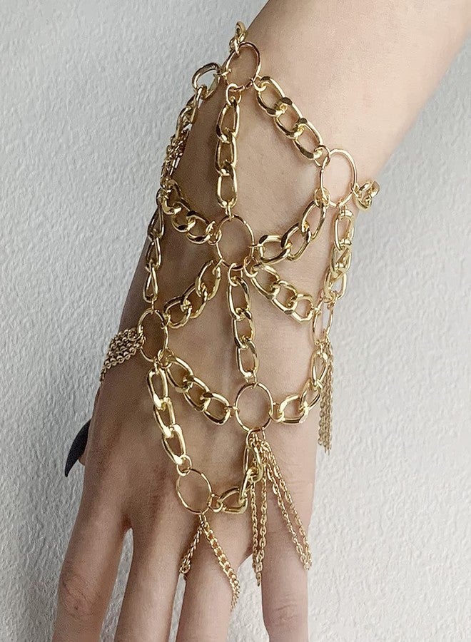 Asphire Gothic Metal Bracelet with Finger Ring Chain Tassel Braided Mesh Punk Slave Bracelet Cosplay Party Harness for Festival Costume Hand Jewelry Accessories (Gold) - Image 2