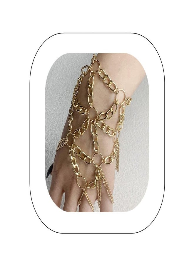 Asphire Gothic Metal Bracelet with Finger Ring Chain Tassel Braided Mesh Punk Slave Bracelet Cosplay Party Harness for Festival Costume Hand Jewelry Accessories (Gold) - Image 1