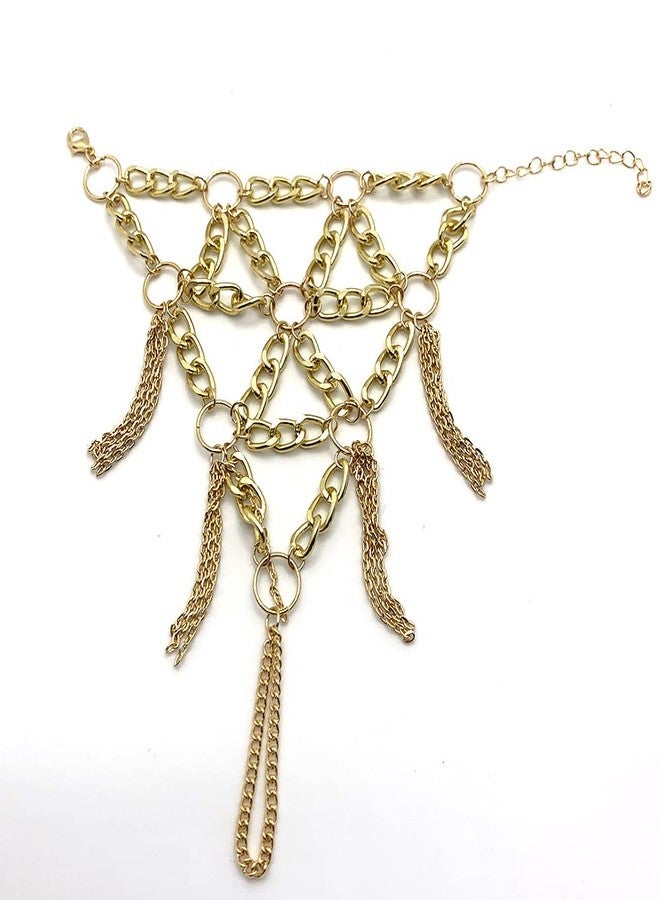 Asphire Gothic Metal Bracelet with Finger Ring Chain Tassel Braided Mesh Punk Slave Bracelet Cosplay Party Harness for Festival Costume Hand Jewelry Accessories (Gold) - Image 3