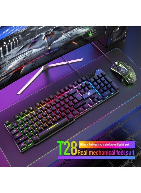 Mechanical Feel Keyboard Mouse Suit Wired Desktop Computer Notebook Game E-sports Typing US Wholesale-Color:Mechanical Feel - 1 Year Warranty - Black Character Colorful Keyboard + 4d Gaming Mouse - No - 104 Keys - Official Standard