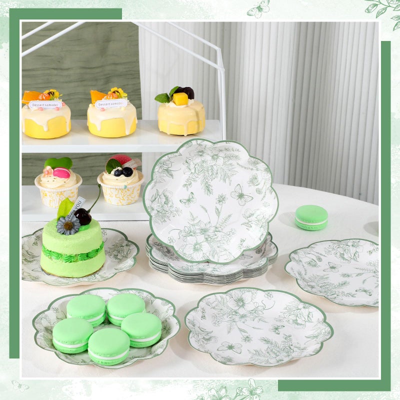 NatNarr 30Pcs Sage Green Floral Paper Plates, 7 Inch Spring Plates Vintage Chinoiserie Flower Plate Scalloped Cute Easter Plate for Garden Party Tea Party Birthday Baby Bridal Shower - Image 5