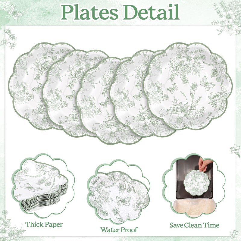 NatNarr 30Pcs Sage Green Floral Paper Plates, 7 Inch Spring Plates Vintage Chinoiserie Flower Plate Scalloped Cute Easter Plate for Garden Party Tea Party Birthday Baby Bridal Shower - Image 4
