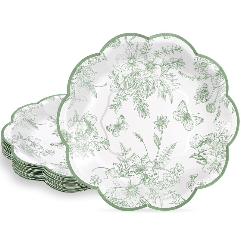 NatNarr 30Pcs Sage Green Floral Paper Plates, 7 Inch Spring Plates Vintage Chinoiserie Flower Plate Scalloped Cute Easter Plate for Garden Party Tea Party Birthday Baby Bridal Shower - Image 1