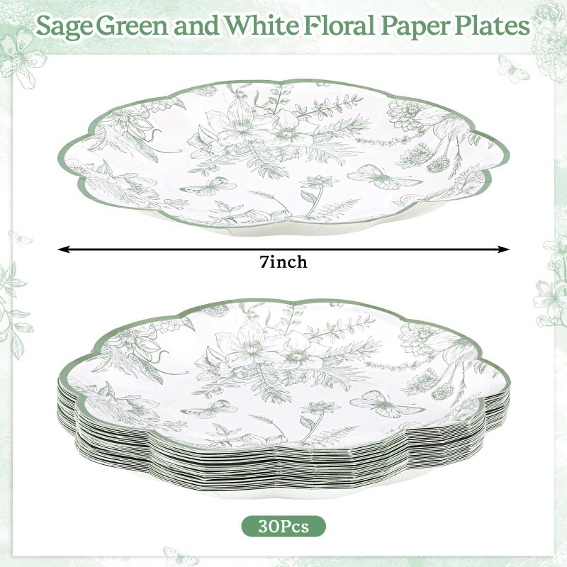NatNarr 30Pcs Sage Green Floral Paper Plates, 7 Inch Spring Plates Vintage Chinoiserie Flower Plate Scalloped Cute Easter Plate for Garden Party Tea Party Birthday Baby Bridal Shower - Image 2