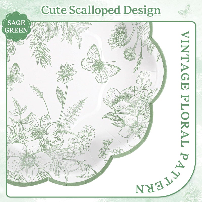 NatNarr 30Pcs Sage Green Floral Paper Plates, 7 Inch Spring Plates Vintage Chinoiserie Flower Plate Scalloped Cute Easter Plate for Garden Party Tea Party Birthday Baby Bridal Shower - Image 3